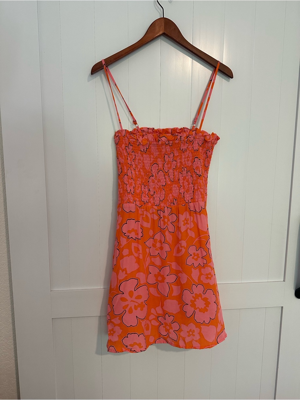 Faithfull the Brand Pink & Orange Floral Smocked Mini Dress